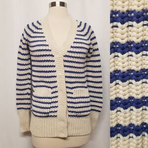 J Crew Ripplestitch Sweater Cardigan Button Down Cotton Blue Striped Chunky XXS